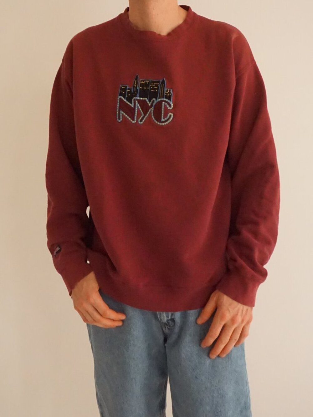 Vintage Jansport Burgundy NYC Skyline Embroidered New York Spellout Sweatshirt L